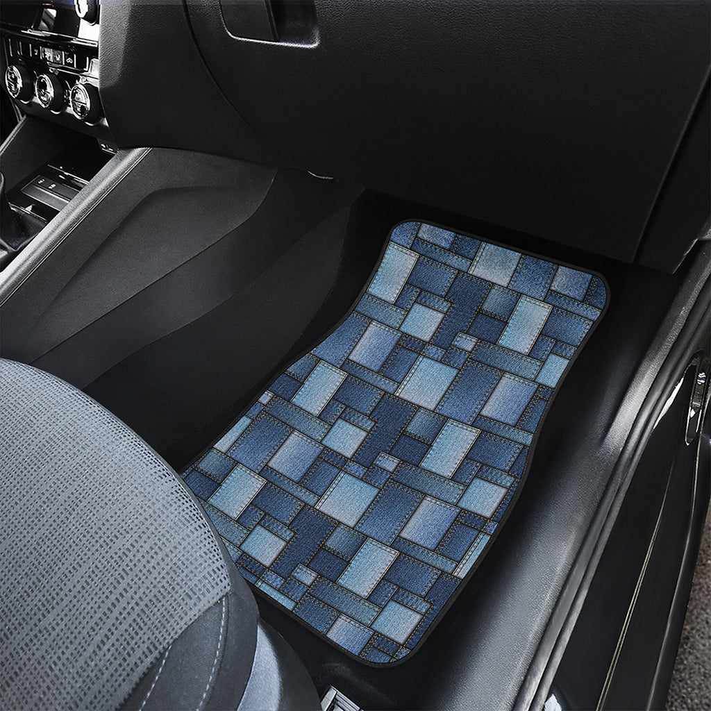 Blue Denim Patchwork Pattern Print Front and Back Car Floor Mats