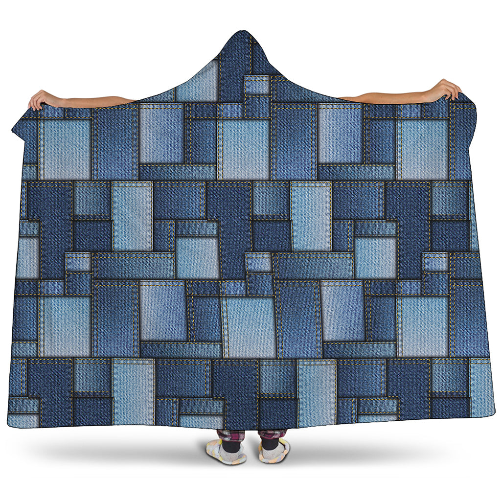 Blue Denim Patchwork Pattern Print Hooded Blanket