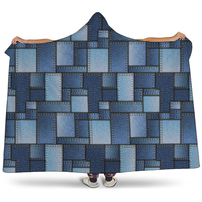 Blue Denim Patchwork Pattern Print Hooded Blanket