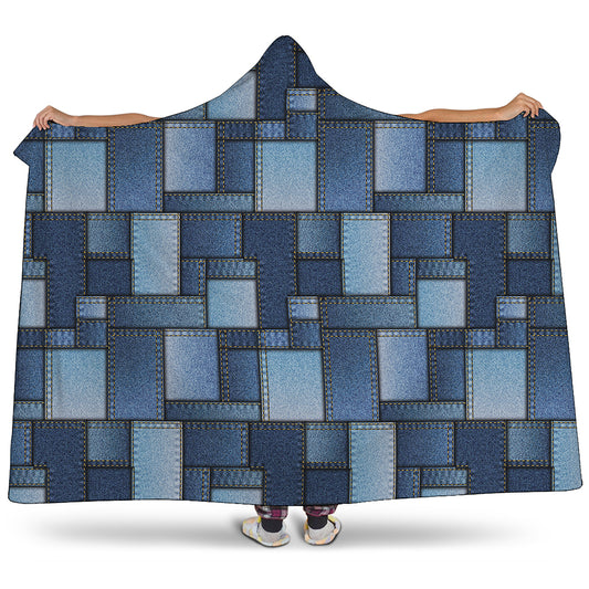 Blue Denim Patchwork Pattern Print Hooded Blanket