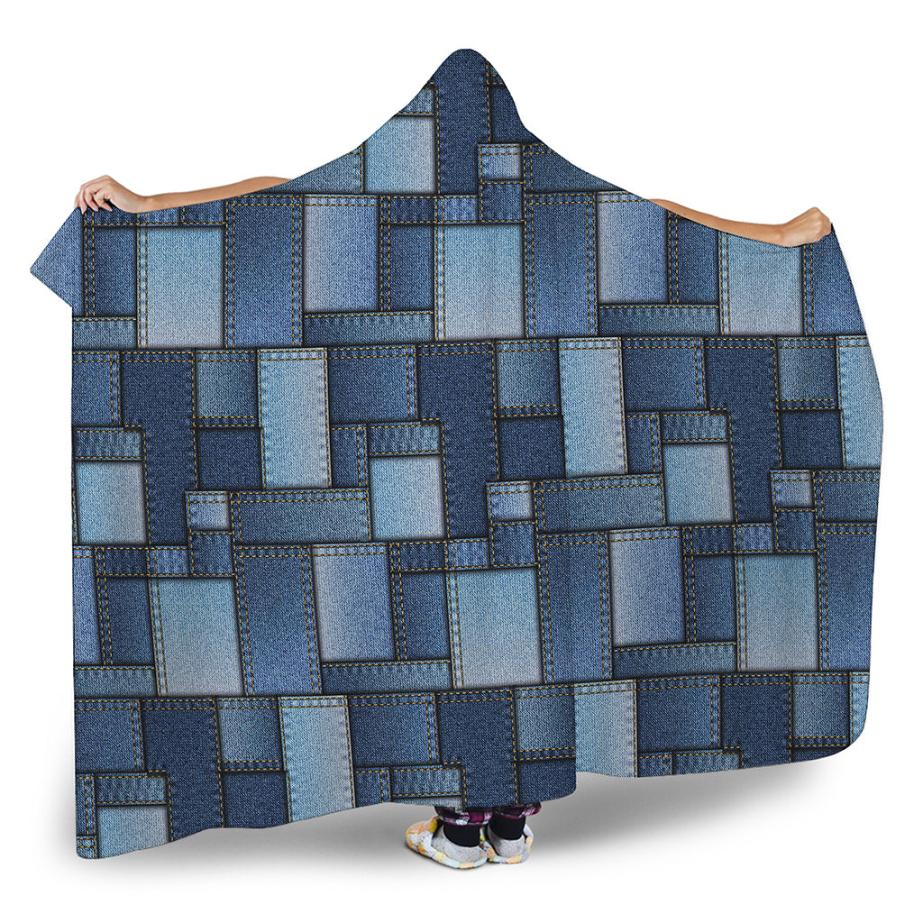 Blue Denim Patchwork Pattern Print Hooded Blanket