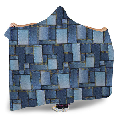 Blue Denim Patchwork Pattern Print Hooded Blanket