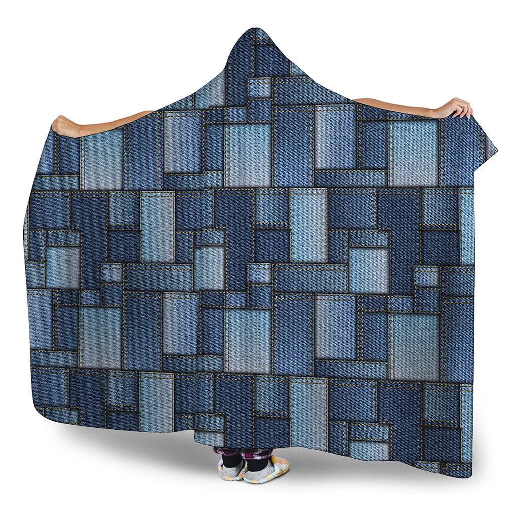 Blue Denim Patchwork Pattern Print Hooded Blanket