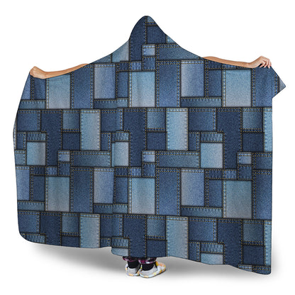 Blue Denim Patchwork Pattern Print Hooded Blanket