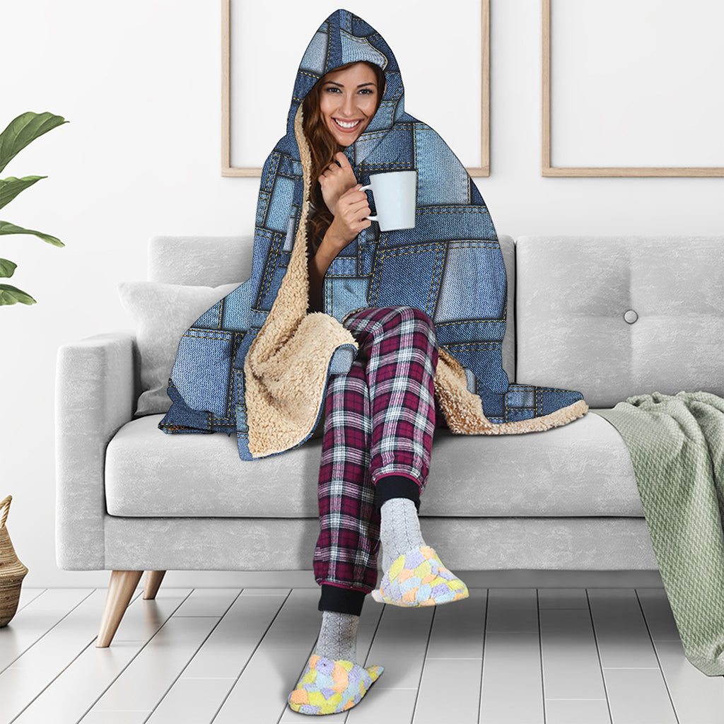 Blue Denim Patchwork Pattern Print Hooded Blanket