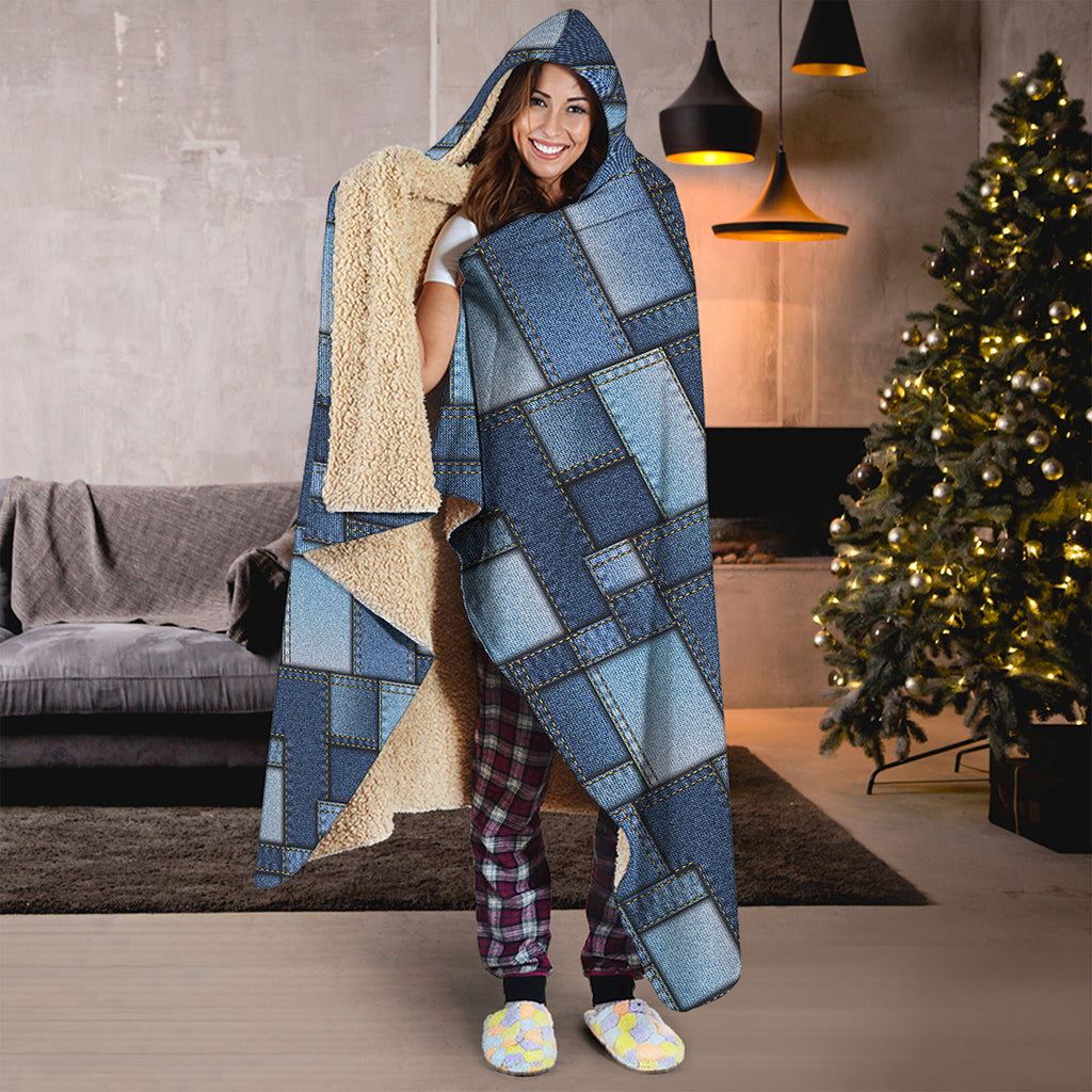 Blue Denim Patchwork Pattern Print Hooded Blanket