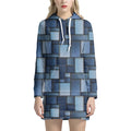 Blue Denim Patchwork Pattern Print Pullover Hoodie Dress