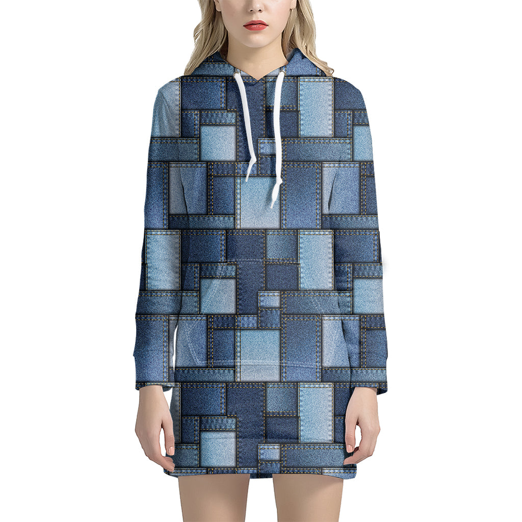 Blue Denim Patchwork Pattern Print Hoodie Dress