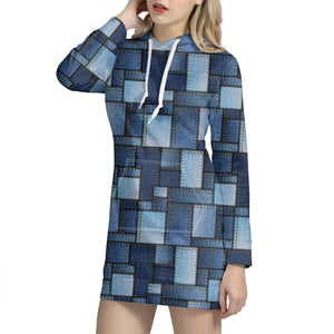 Blue Denim Patchwork Pattern Print Hoodie Dress