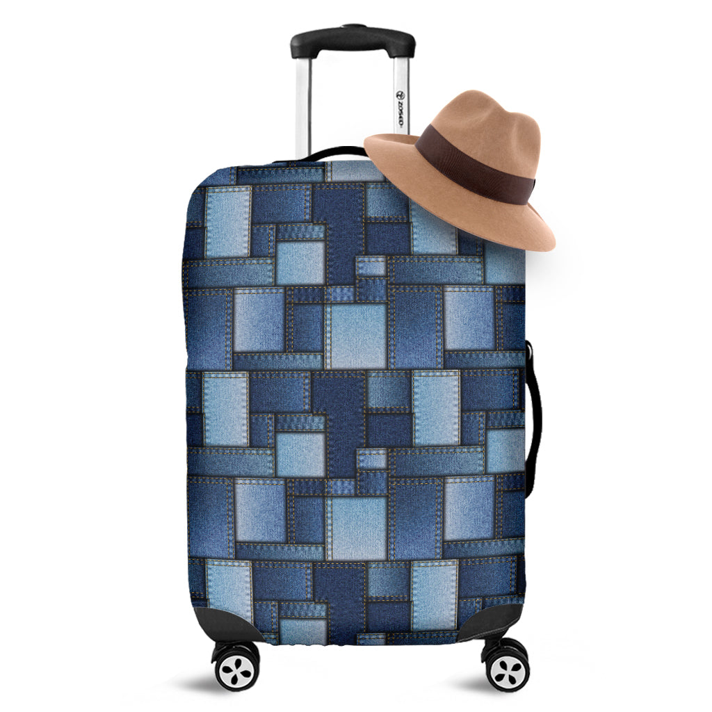 Blue Denim Patchwork Pattern Print Luggage Cover