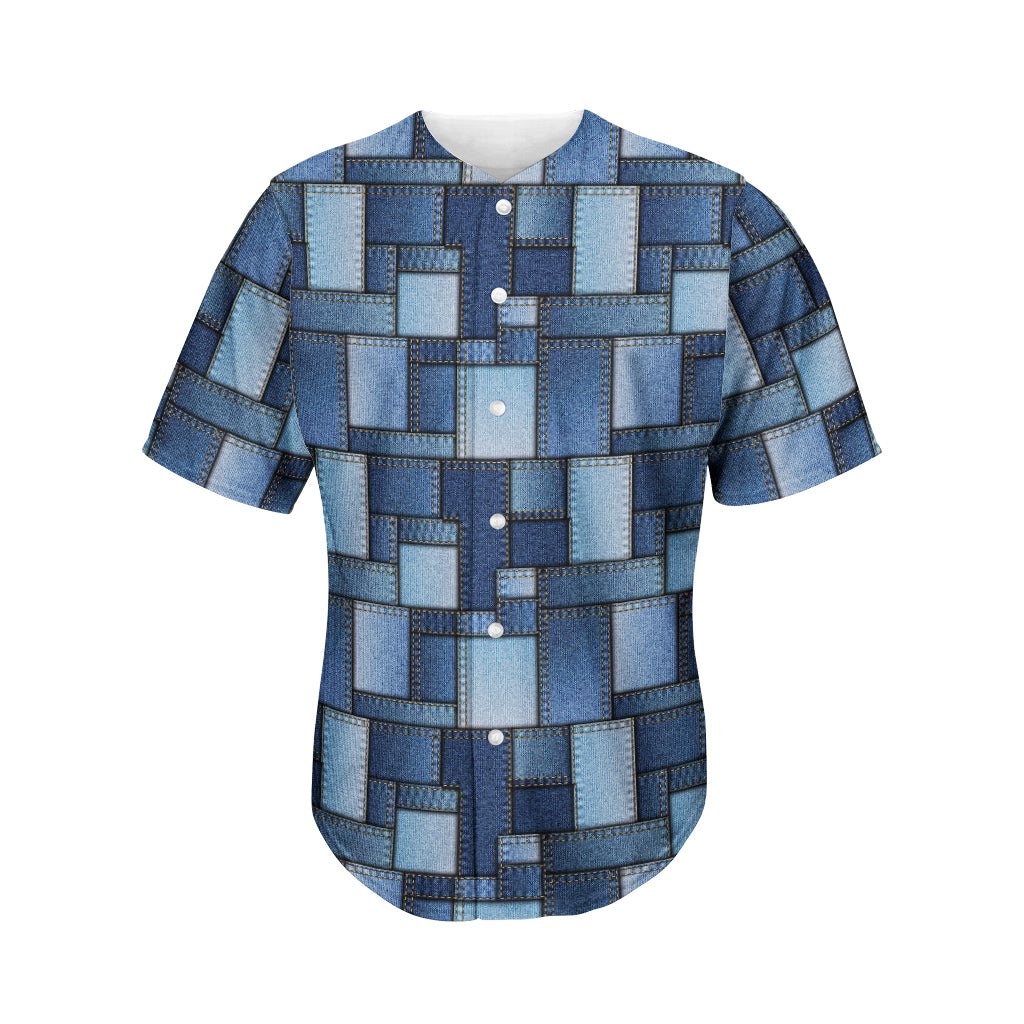 Blue Denim Patchwork Pattern Print Men's Baseball Jersey