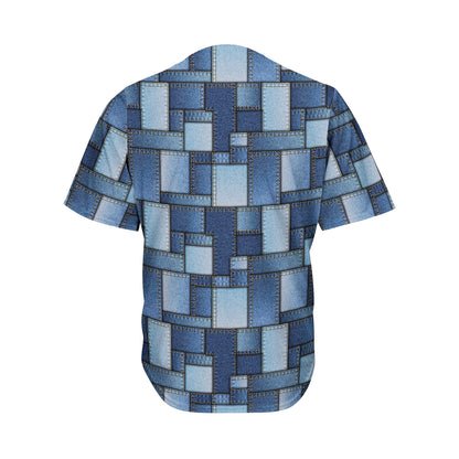 Blue Denim Patchwork Pattern Print Men's Baseball Jersey