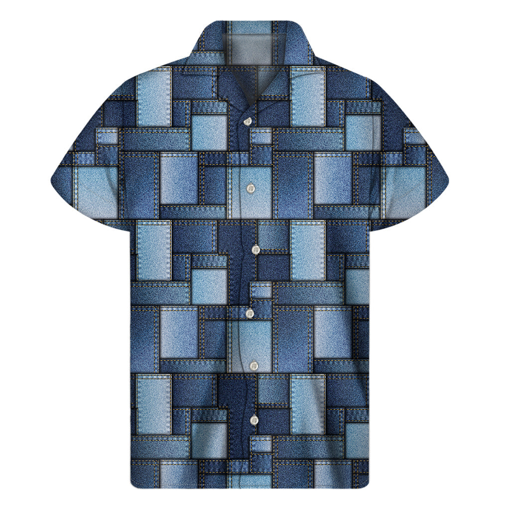 Blue Denim Patchwork Pattern Print Men's Short Sleeve Shirt