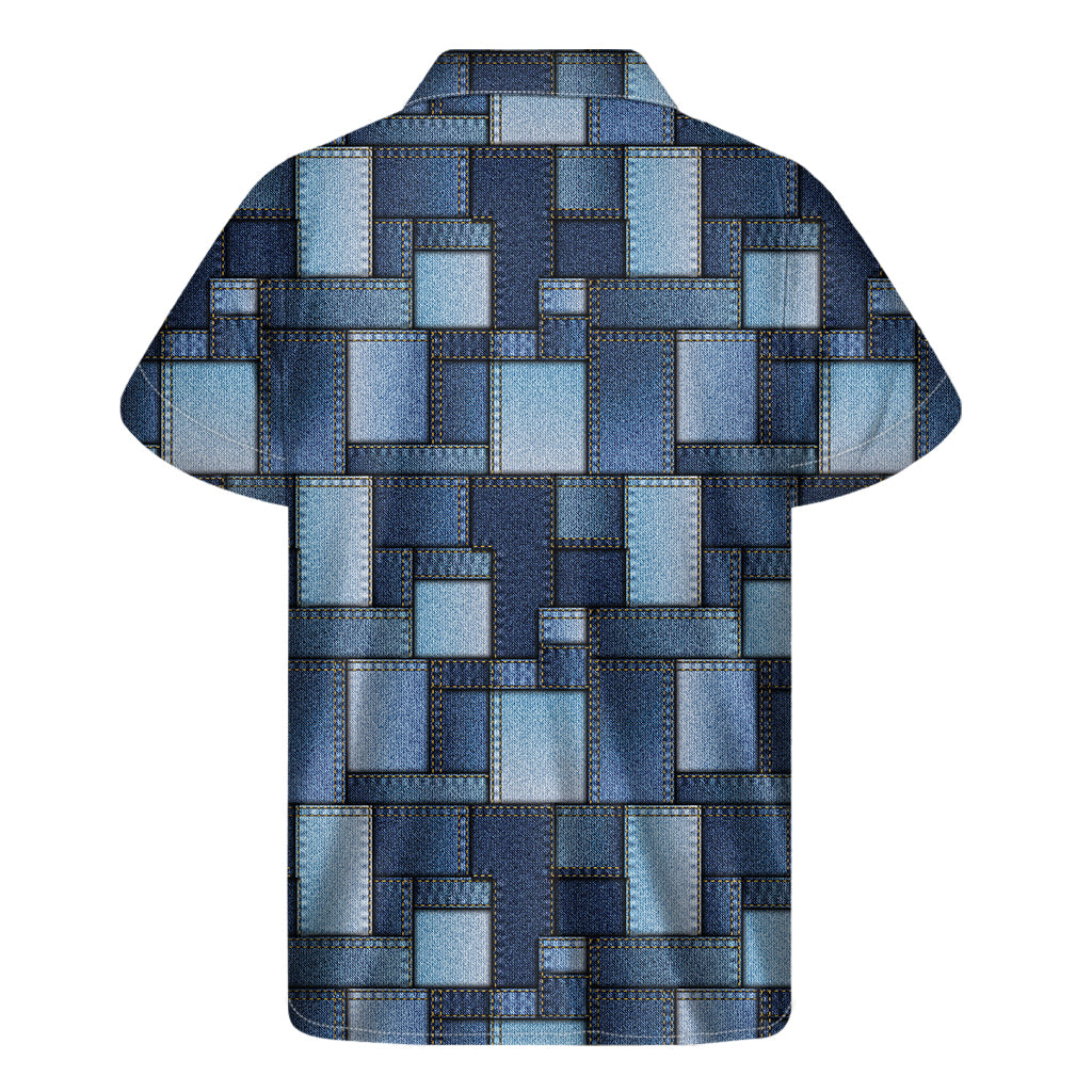 Blue Denim Patchwork Pattern Print Men's Short Sleeve Shirt