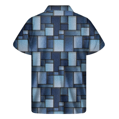 Blue Denim Patchwork Pattern Print Men's Short Sleeve Shirt