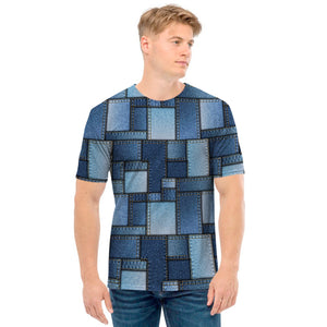 Blue Denim Patchwork Pattern Print Men's T-Shirt