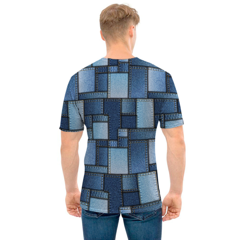 Blue Denim Patchwork Pattern Print Men's T-Shirt