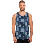 Blue Denim Patchwork Pattern Print Men's Tank Top