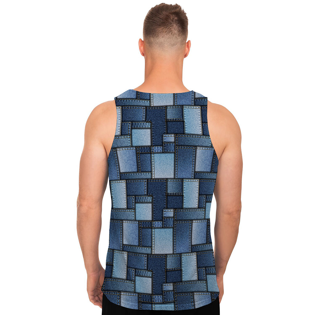 Blue Denim Patchwork Pattern Print Men's Tank Top