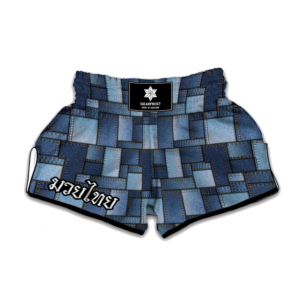 Blue Denim Patchwork Pattern Print Muay Thai Boxing Shorts