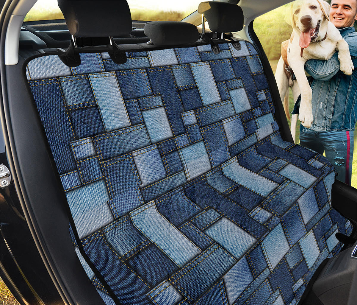 Blue Denim Patchwork Pattern Print Pet Car Back Seat Cover