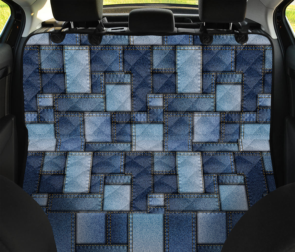 Blue Denim Patchwork Pattern Print Pet Car Back Seat Cover