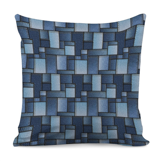 Blue Denim Patchwork Pattern Print Pillow Cover