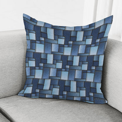 Blue Denim Patchwork Pattern Print Pillow Cover