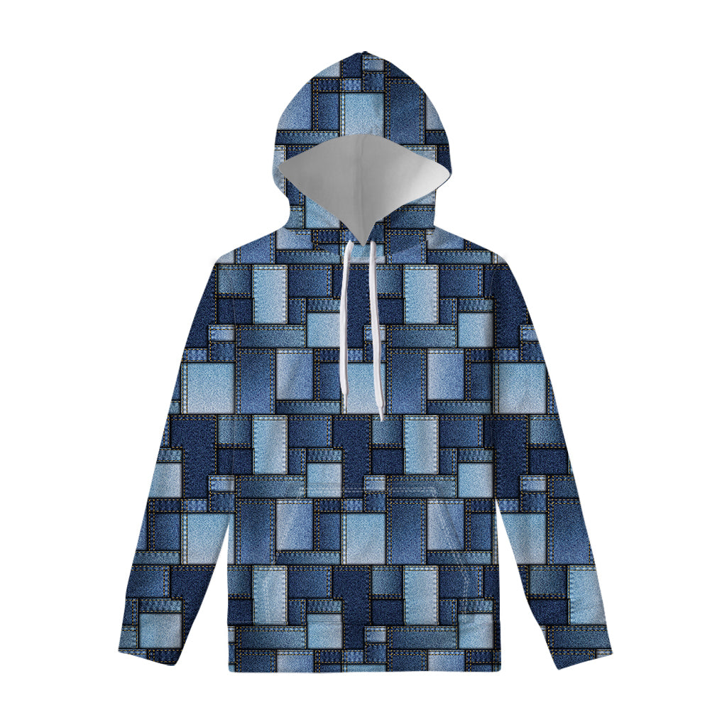 Blue Denim Patchwork Pattern Print Pullover Hoodie