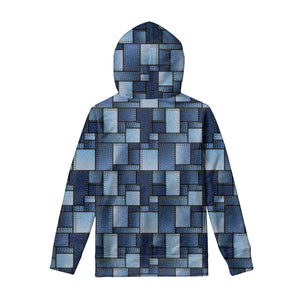 Blue Denim Patchwork Pattern Print Pullover Hoodie