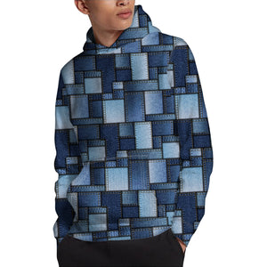 Blue Denim Patchwork Pattern Print Pullover Hoodie