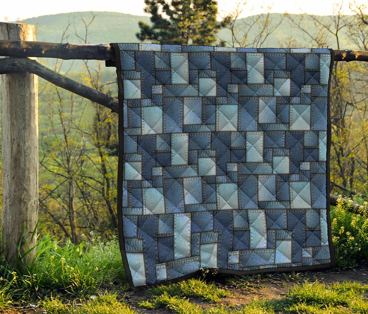 Blue Denim Patchwork Pattern Print Quilt