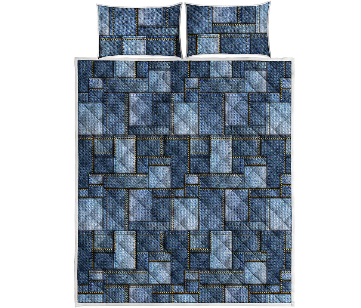 Blue Denim Patchwork Pattern Print Quilt Bed Set