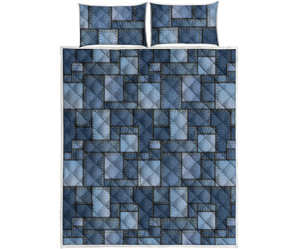 Blue Denim Patchwork Pattern Print Quilt Bed Set
