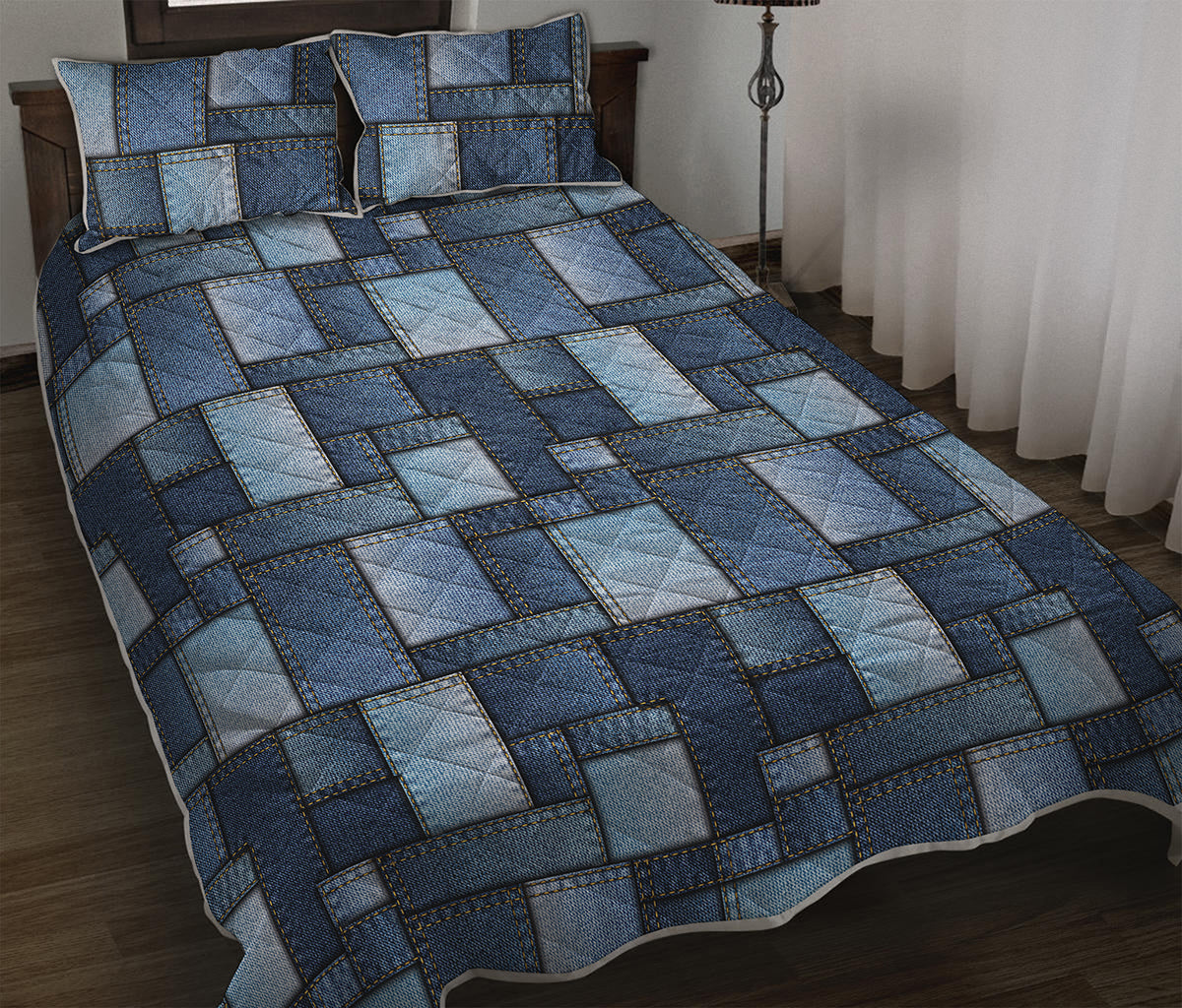 Blue Denim Patchwork Pattern Print Quilt Bed Set