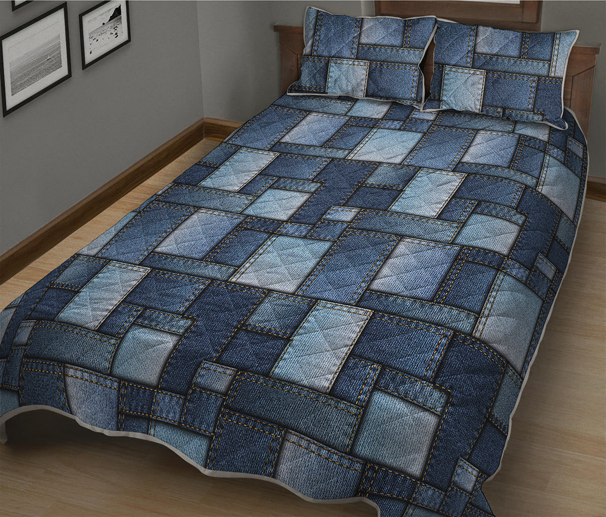 Blue Denim Patchwork Pattern Print Quilt Bed Set