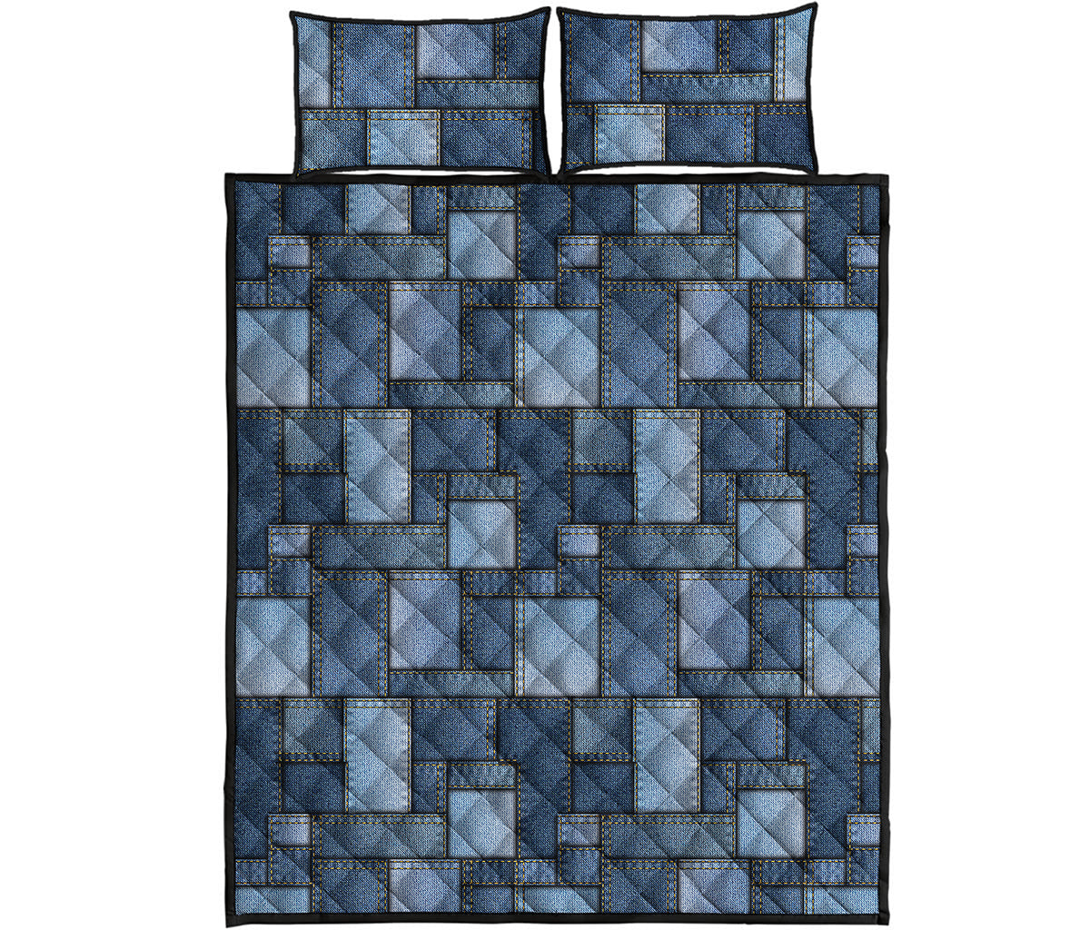 Blue Denim Patchwork Pattern Print Quilt Bed Set