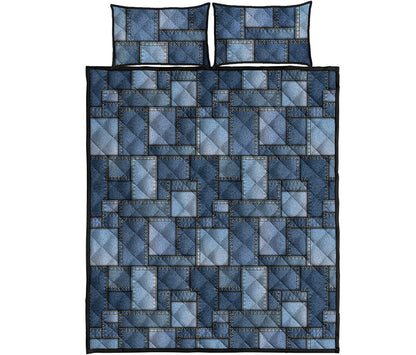 Blue Denim Patchwork Pattern Print Quilt Bed Set