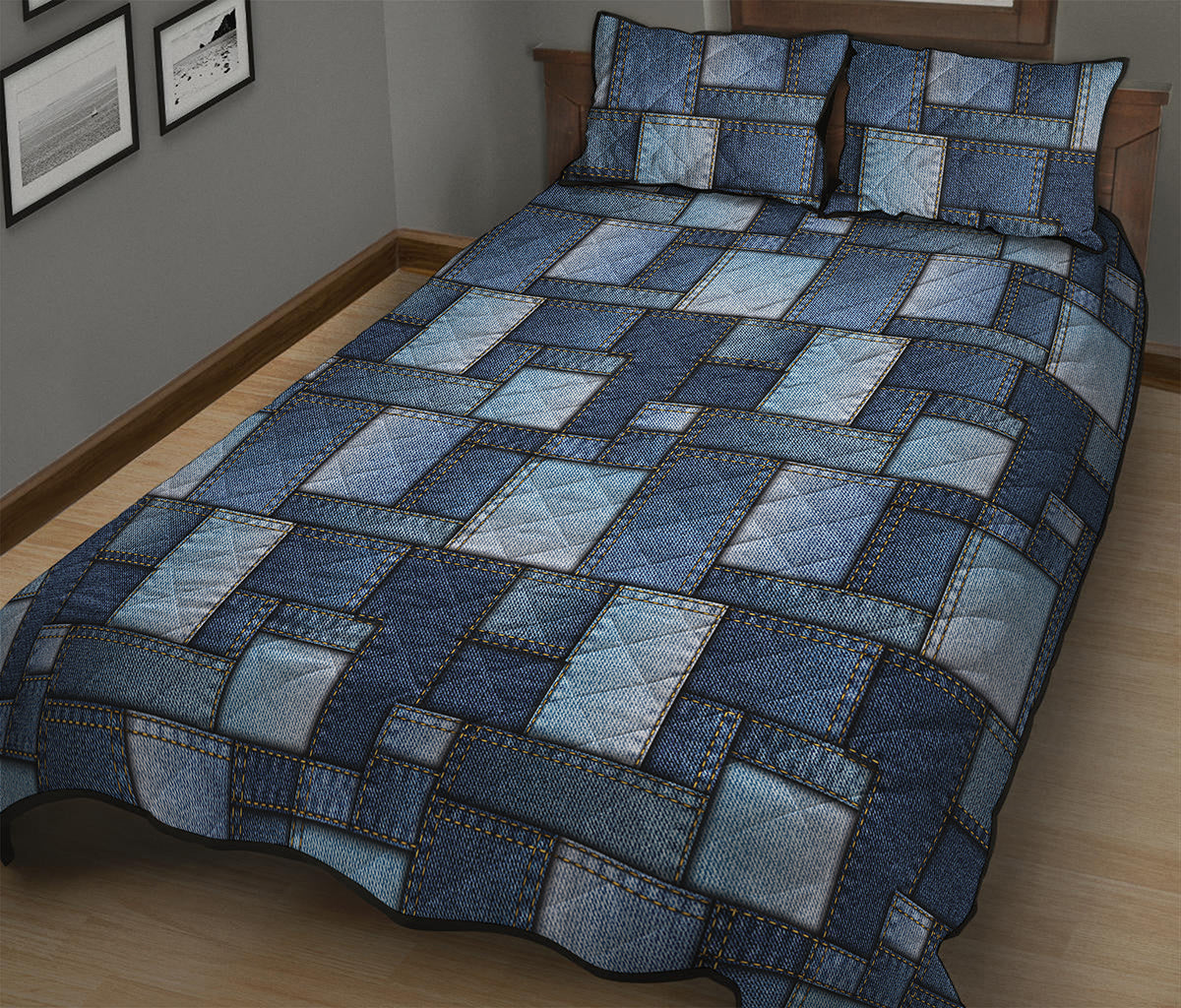 Blue Denim Patchwork Pattern Print Quilt Bed Set