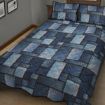 Blue Denim Patchwork Pattern Print Quilt Bed Set