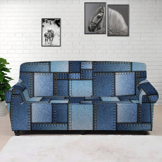 Blue Denim Patchwork Pattern Print Sofa Cover