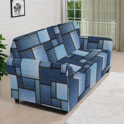 Blue Denim Patchwork Pattern Print Sofa Cover