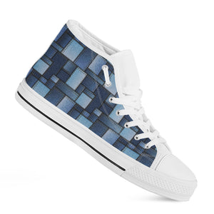 Blue Denim Patchwork Pattern Print White High Top Shoes