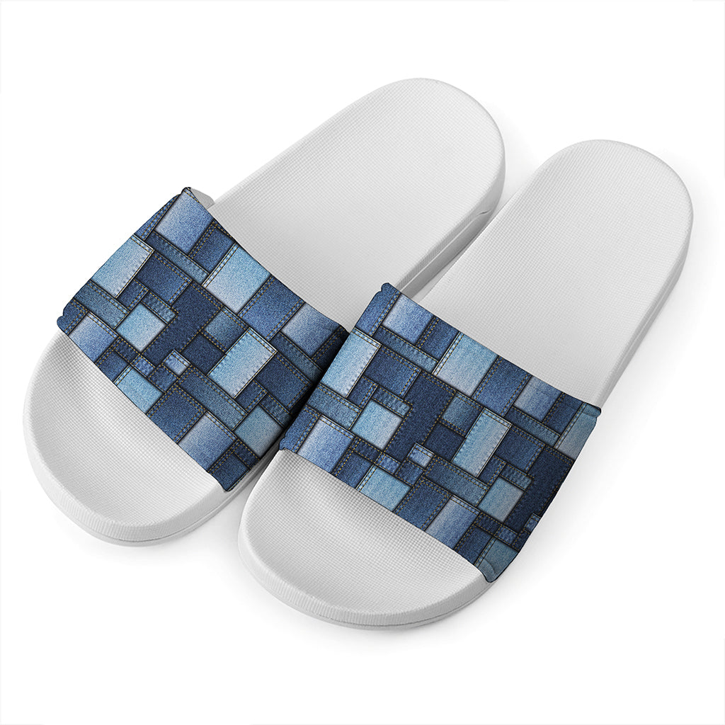 Blue Denim Patchwork Pattern Print White Slide Sandals