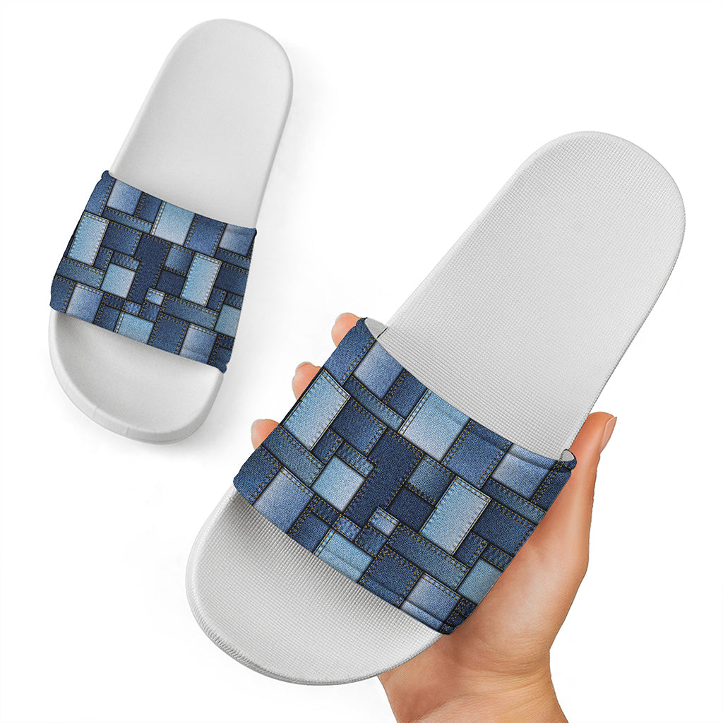 Blue Denim Patchwork Pattern Print White Slide Sandals