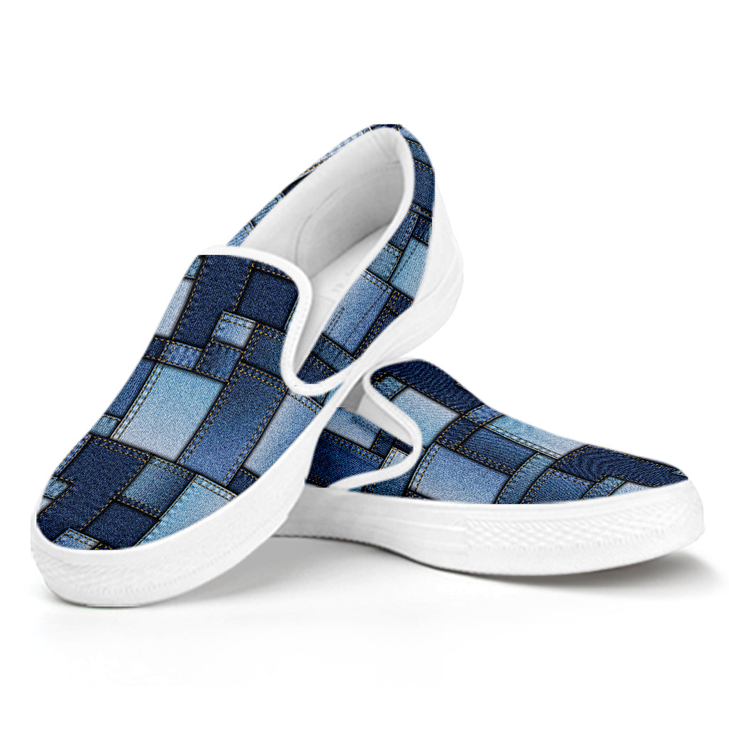 Blue Denim Patchwork Pattern Print White Slip On Shoes