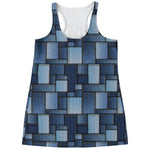 Blue Denim Patchwork Pattern Print Women's Racerback Tank Top