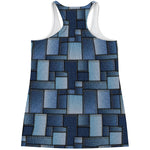 Blue Denim Patchwork Pattern Print Women's Racerback Tank Top