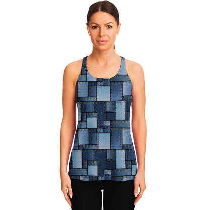 Blue Denim Patchwork Pattern Print Women's Racerback Tank Top