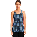 Blue Denim Patchwork Pattern Print Women's Racerback Tank Top